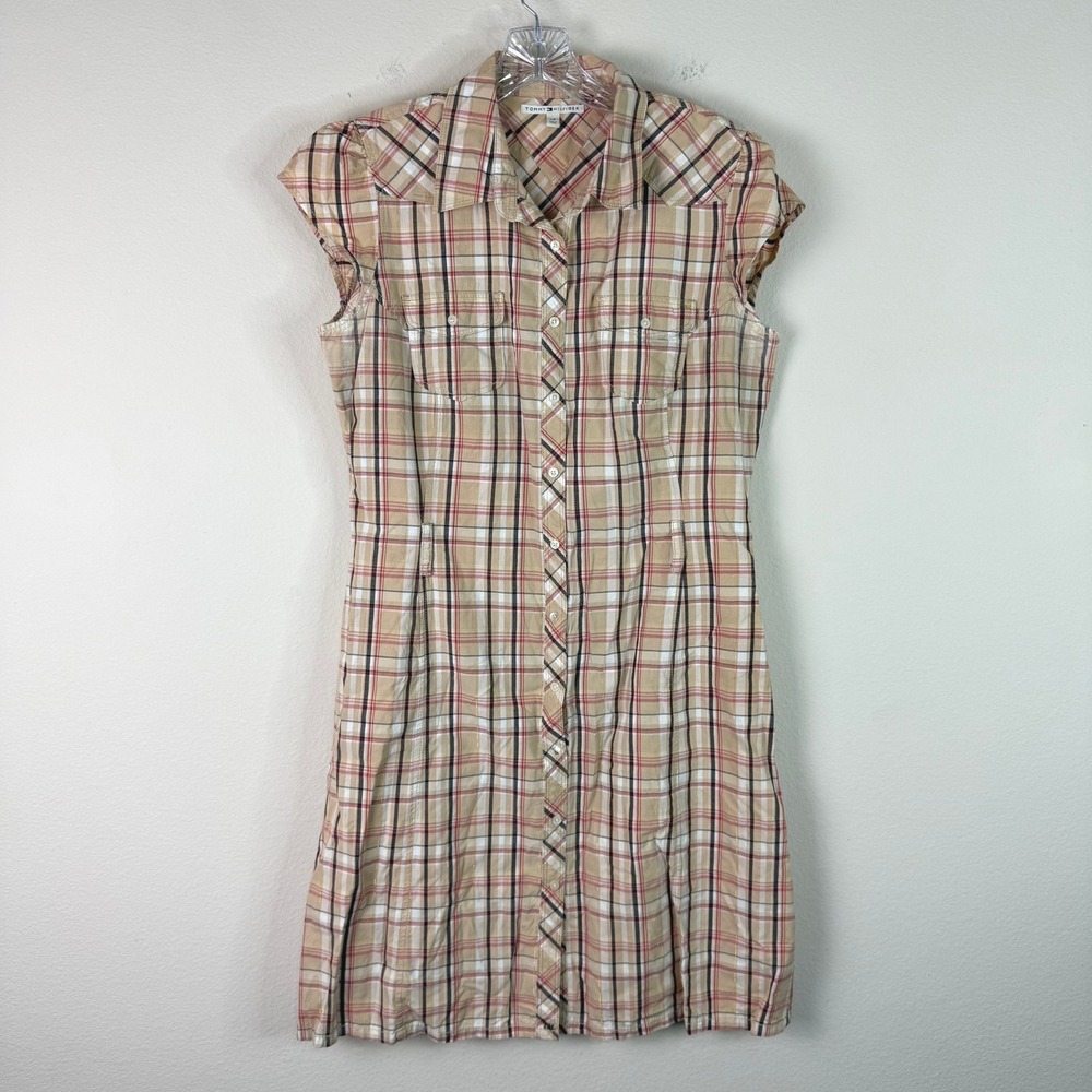 Tommy Hilfiger Shirt Dress Womens L Tan Plaid Cap Sleeve Button Front Metallic